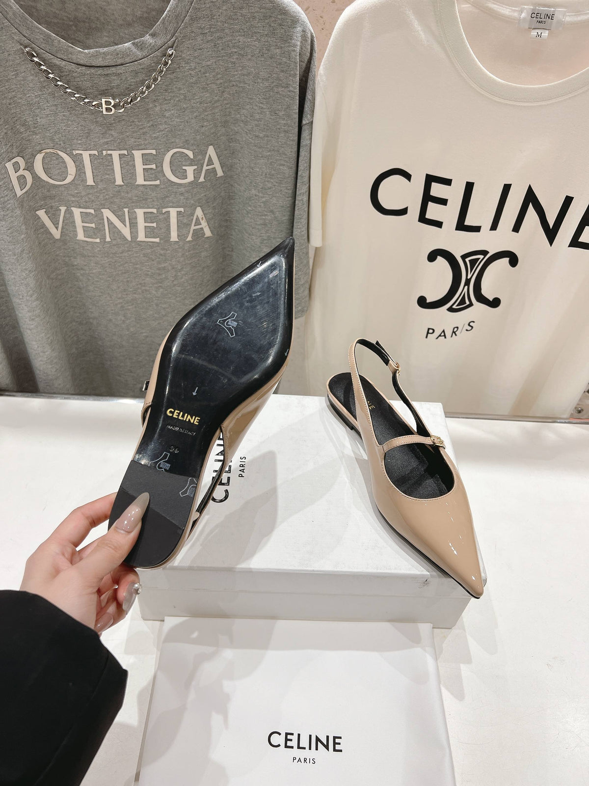 CELINE 25C Slingback Flat Nude Patent Leather 236748