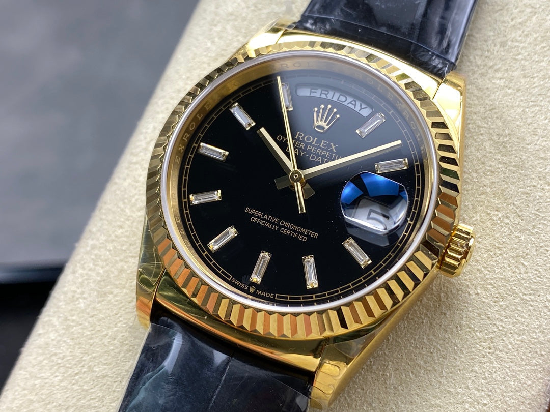 Rolex Day-Date 36mm Gold Black Dial Leather