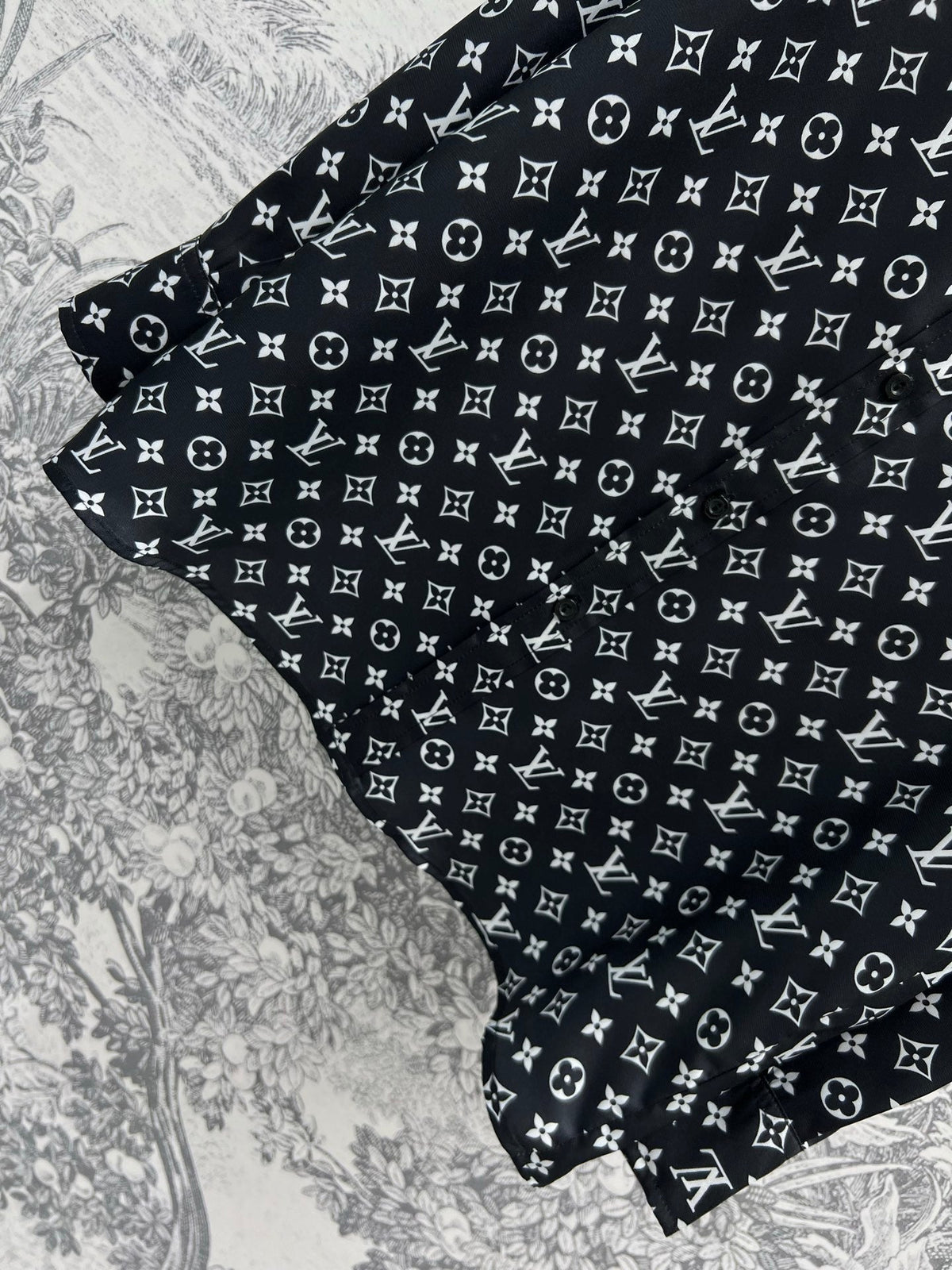 LV 25 Flower Barrage Print Lapel Shirt Black Polyester