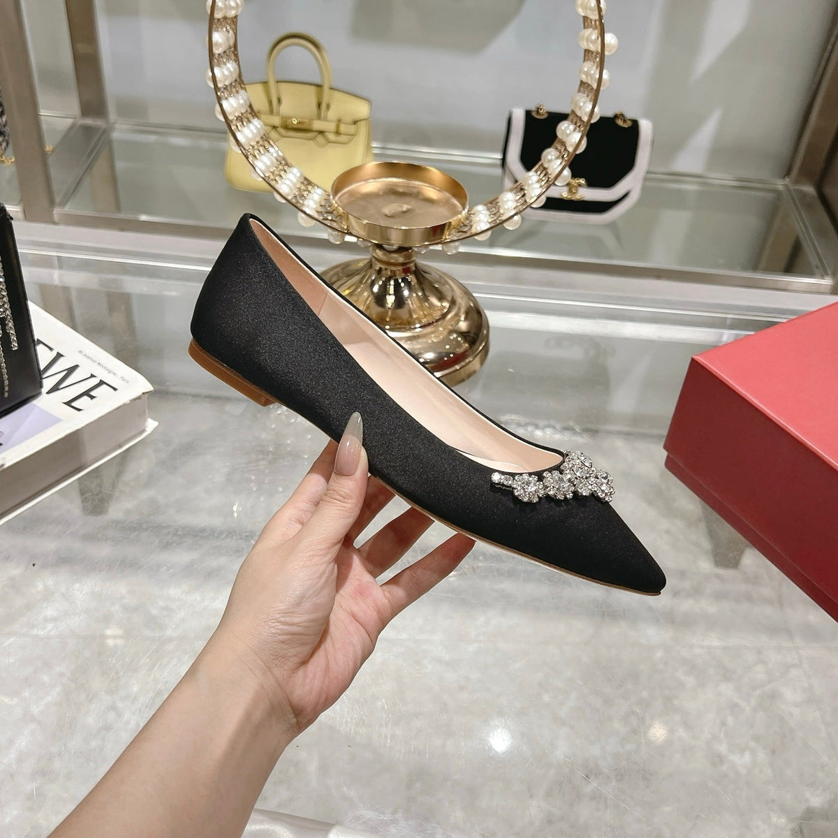 Viv 25 Crystal Diamond Buckle Flats Black Silk Satin 235396