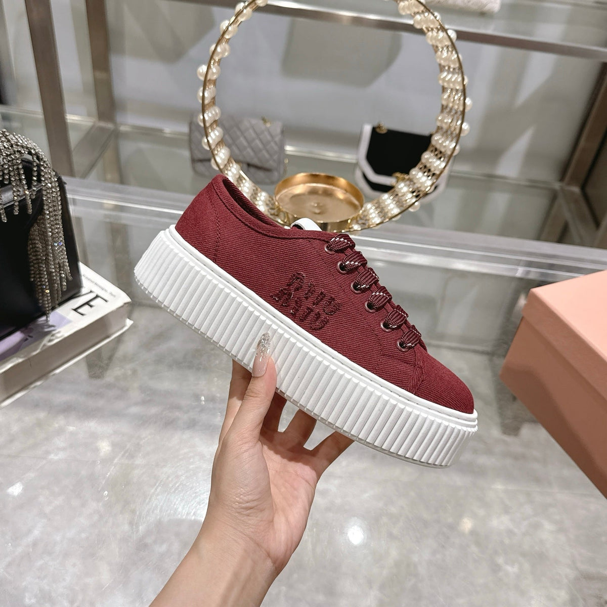 Miu Sneaker with Logo Maroon Red Demin Fabric 235311