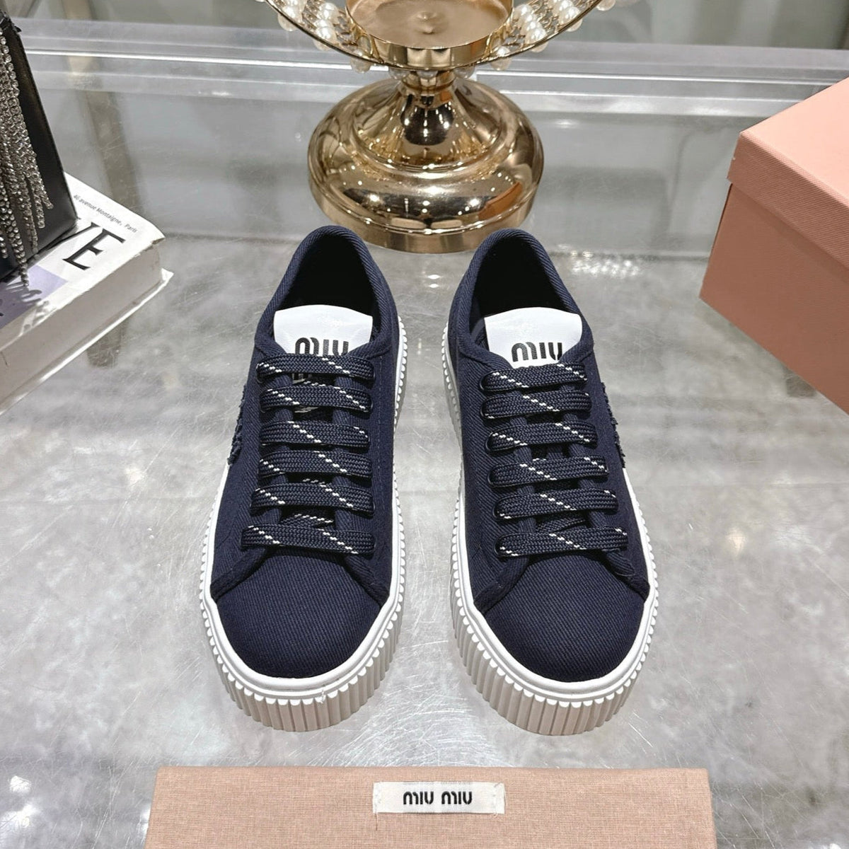 Miu Sneaker with Logo Night Blue Demin Fabric 235312