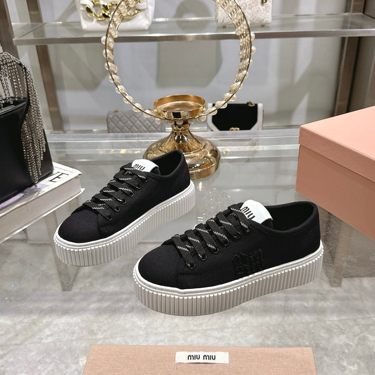 Miu Sneaker with Logo Black Demin Fabric 235313