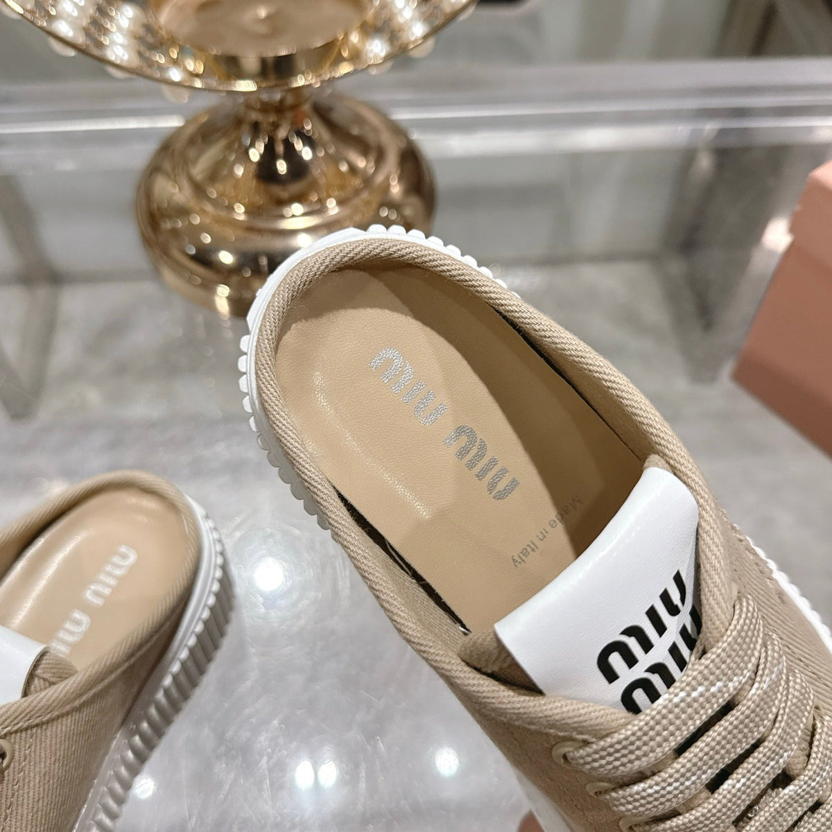 Miu 25C Sneaker Mules Colonial Beige Demin Fabric 235319