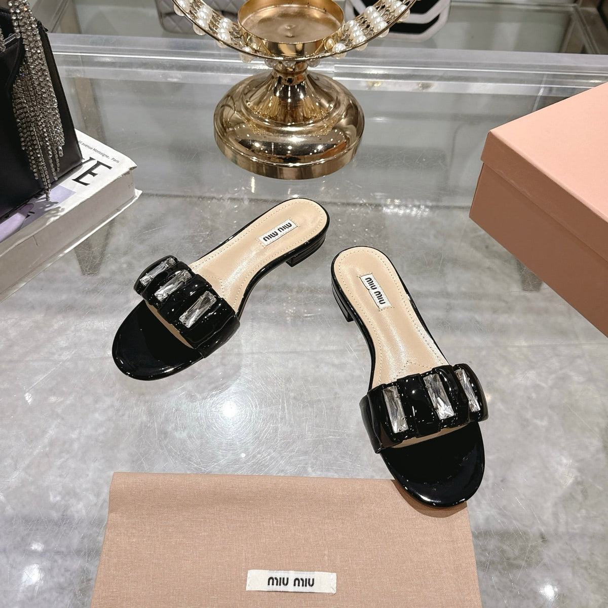 Miu 25C Slippers Black Patent Leather 235322