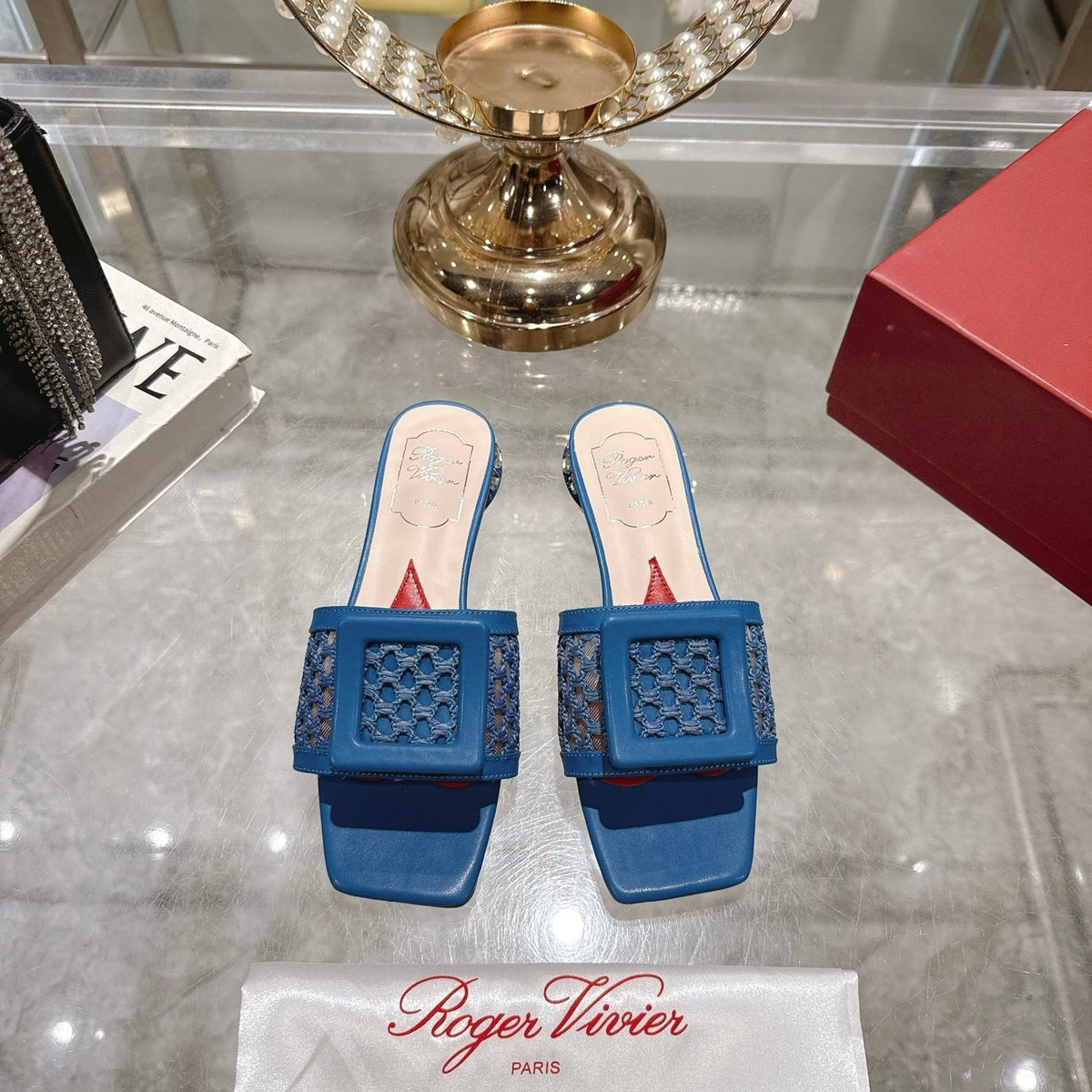 Viv 25 Hollow Square Buckle Slippers Blue Weaving Leather 263000