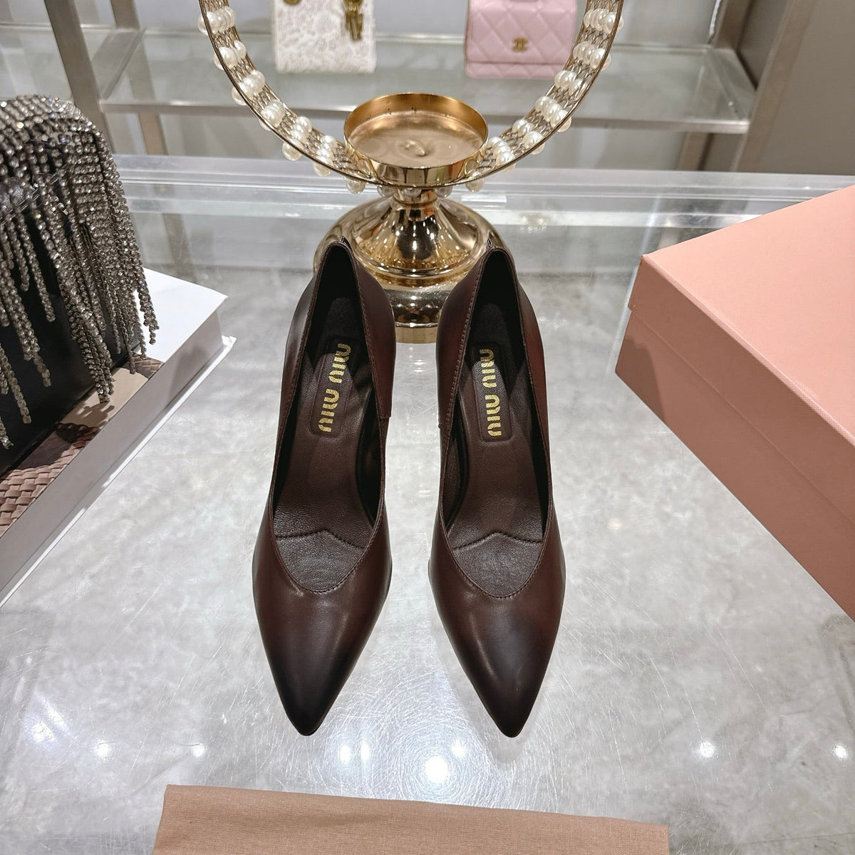 Miu High Heel Pumps Chocolate Brown Sheepskin 592080