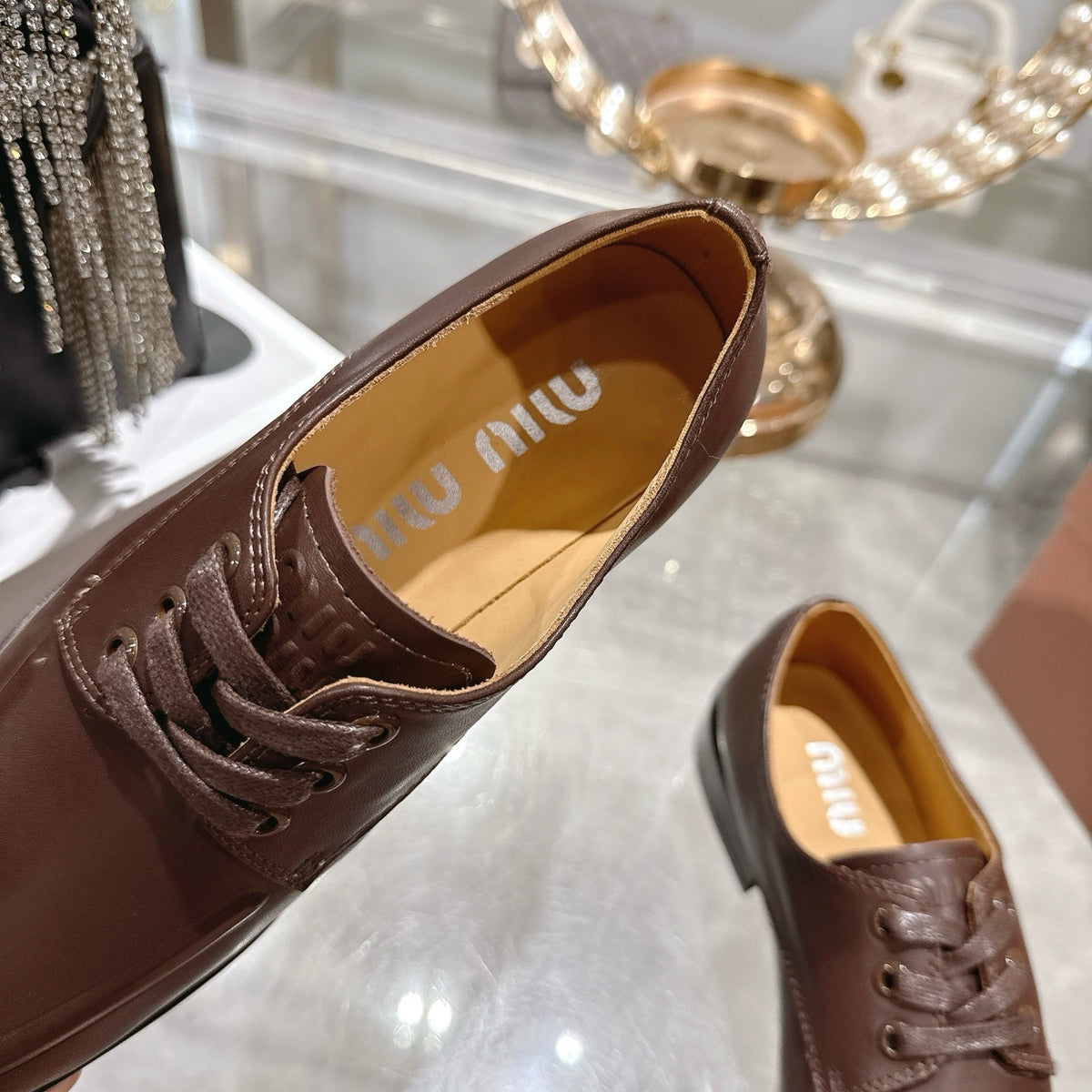 Miu Distressed Loafers  Brown Cowhide 592058