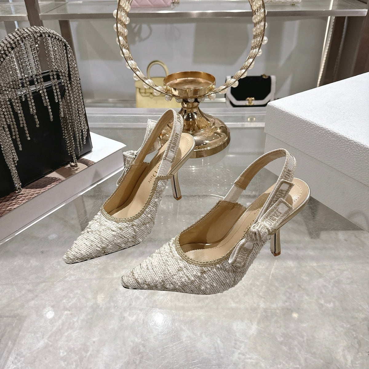 CD  26 Slingback 85mm Light Cream Gold Tweed 592230
