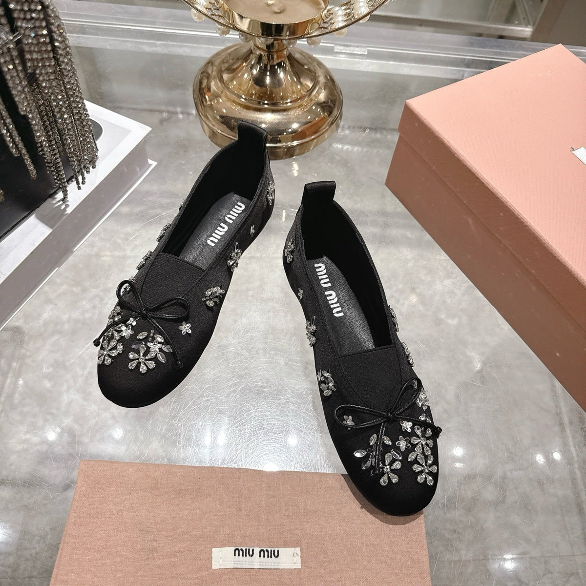 Miu 26 Ballet Flats with Crystal Rhinestones Black Silk Satin 592106
