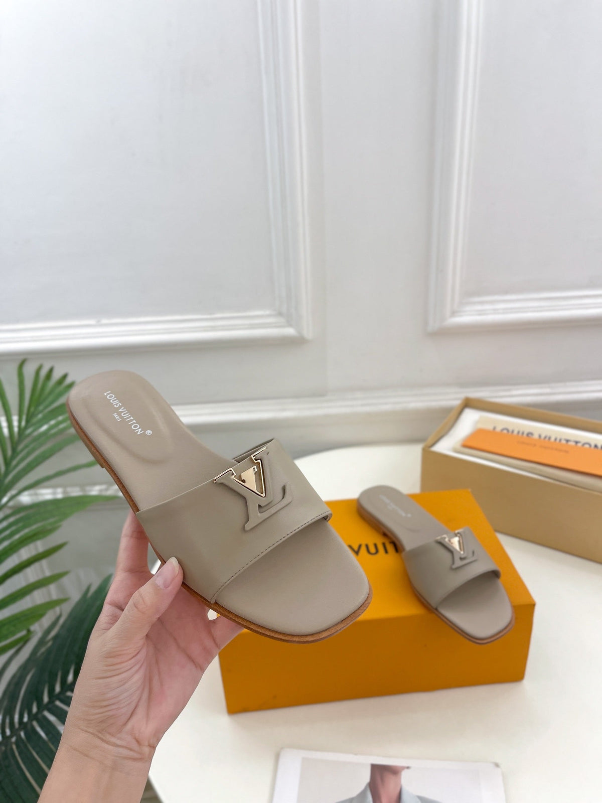 lv capri flat mule grey calfskin