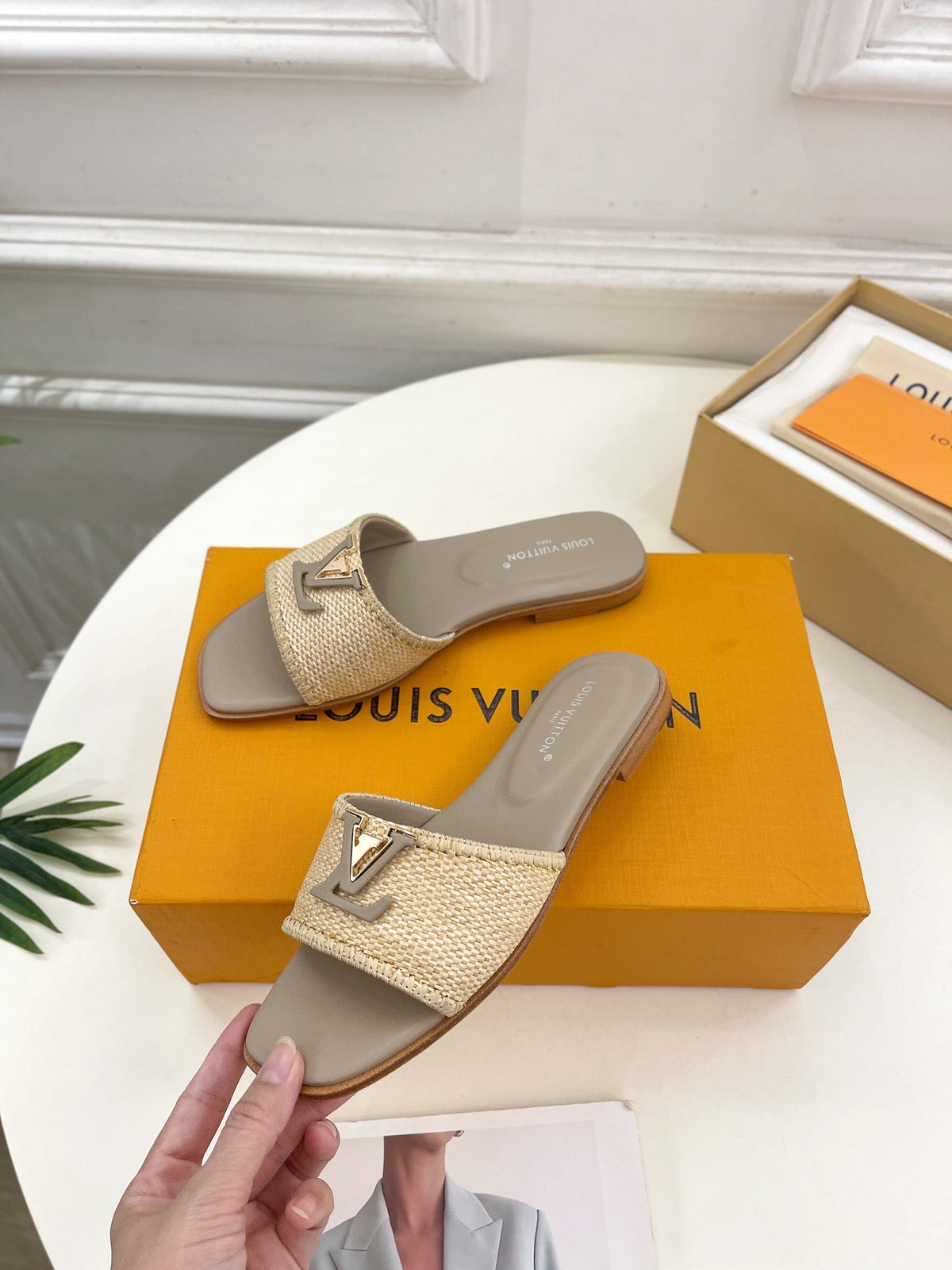 lv capri flat mule beige raffia grey calfskin
