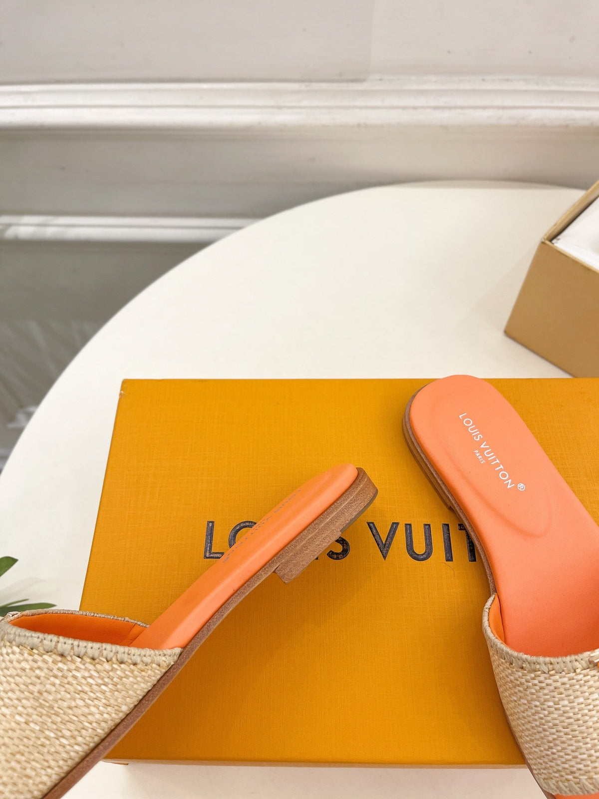 lv capri flat mule beige raffia orange calfskin