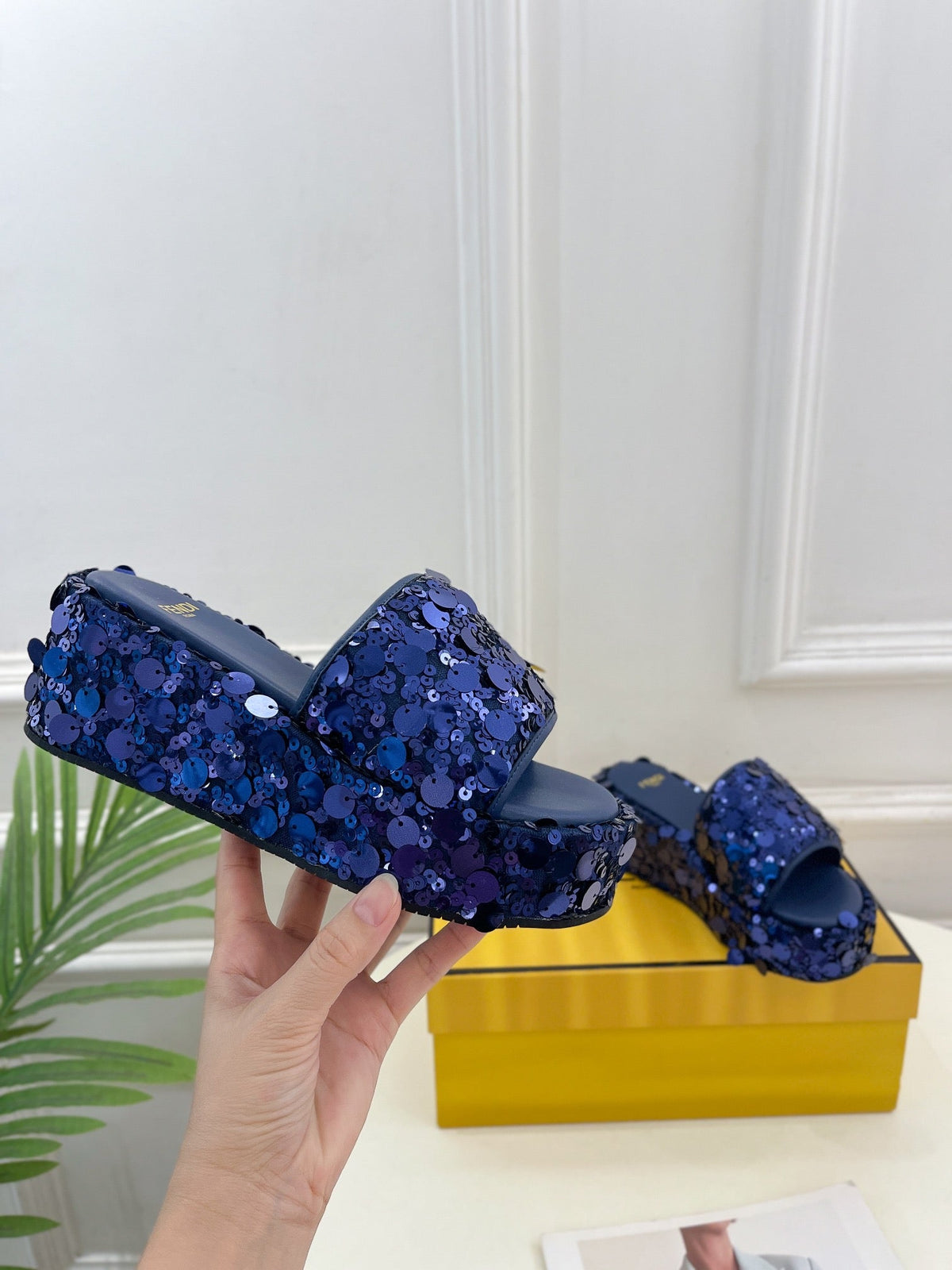 FENDI THICK SOLE 6 CM SEQUIN SLIPPER NAVY BLUE