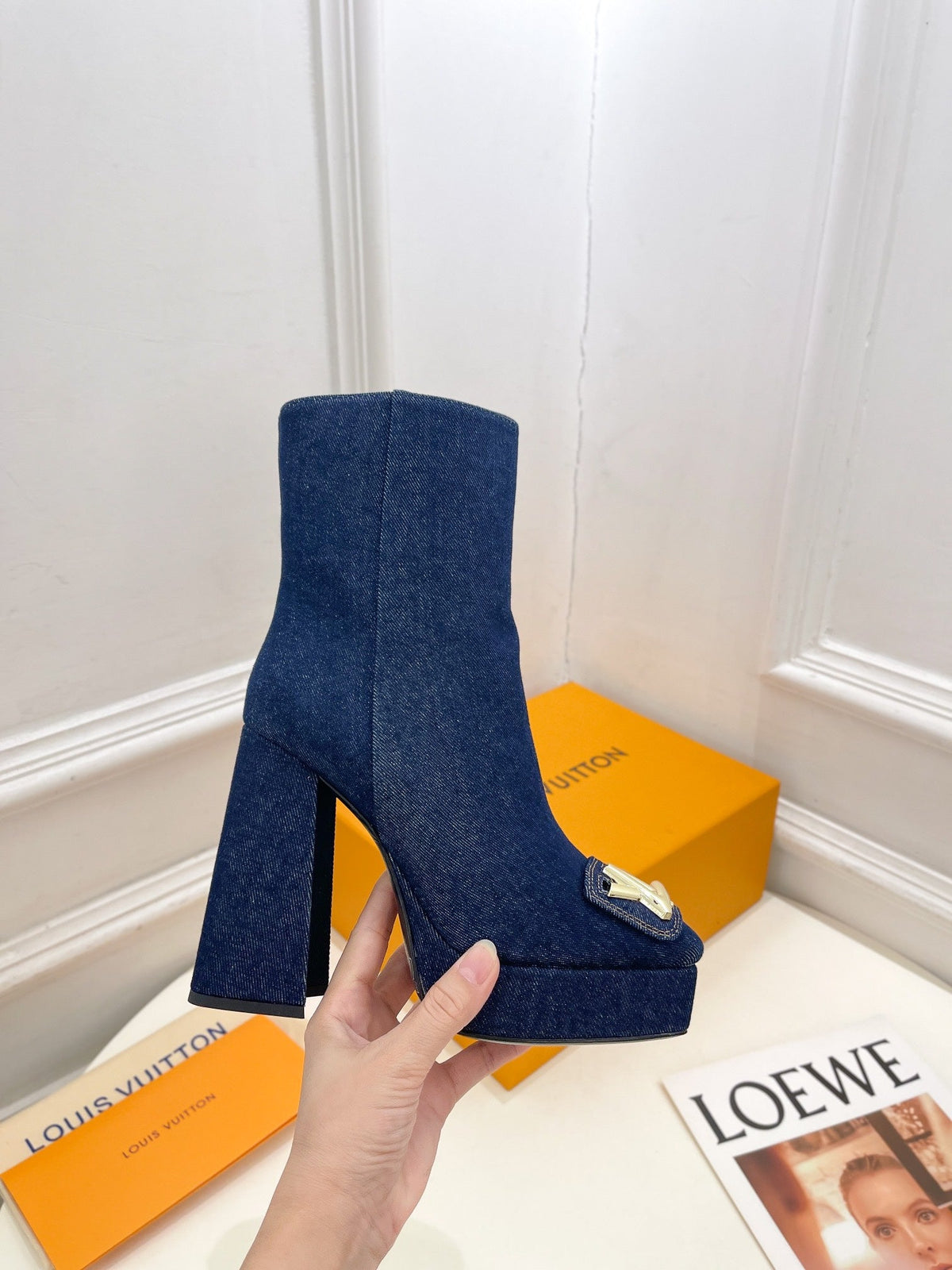 LV Shake Platform Ankle Boot 120mm Dark Blue Denim Fabric