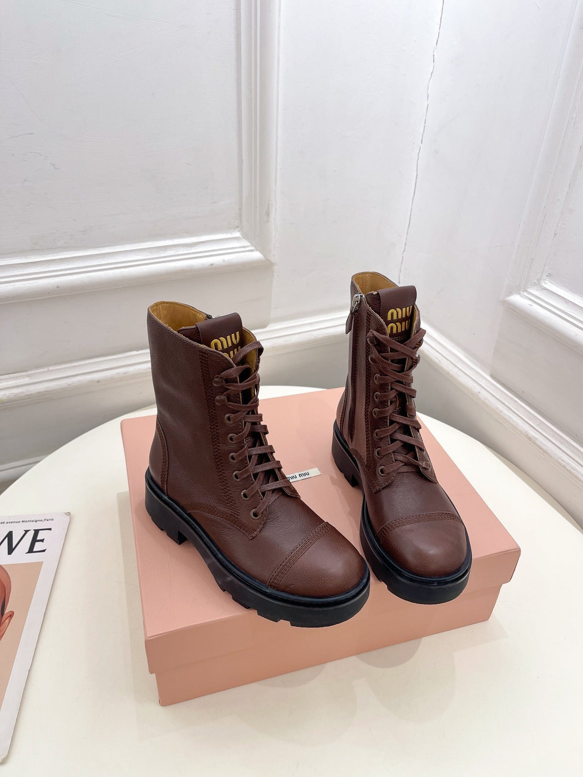 Miu Laced Booties Brown Chocolate Calfskin