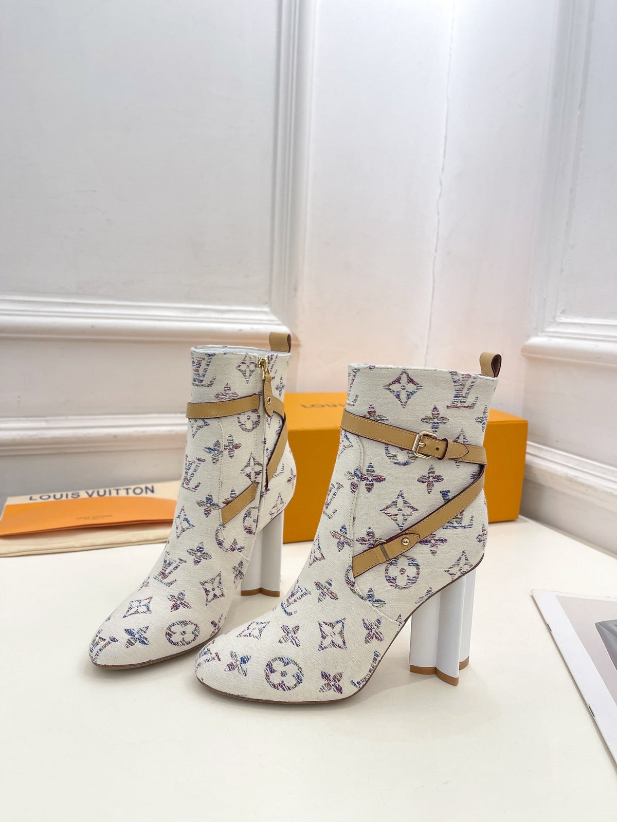 LV Silhouette Ankle Boots 100mm White Monogram Jacquard Fabric