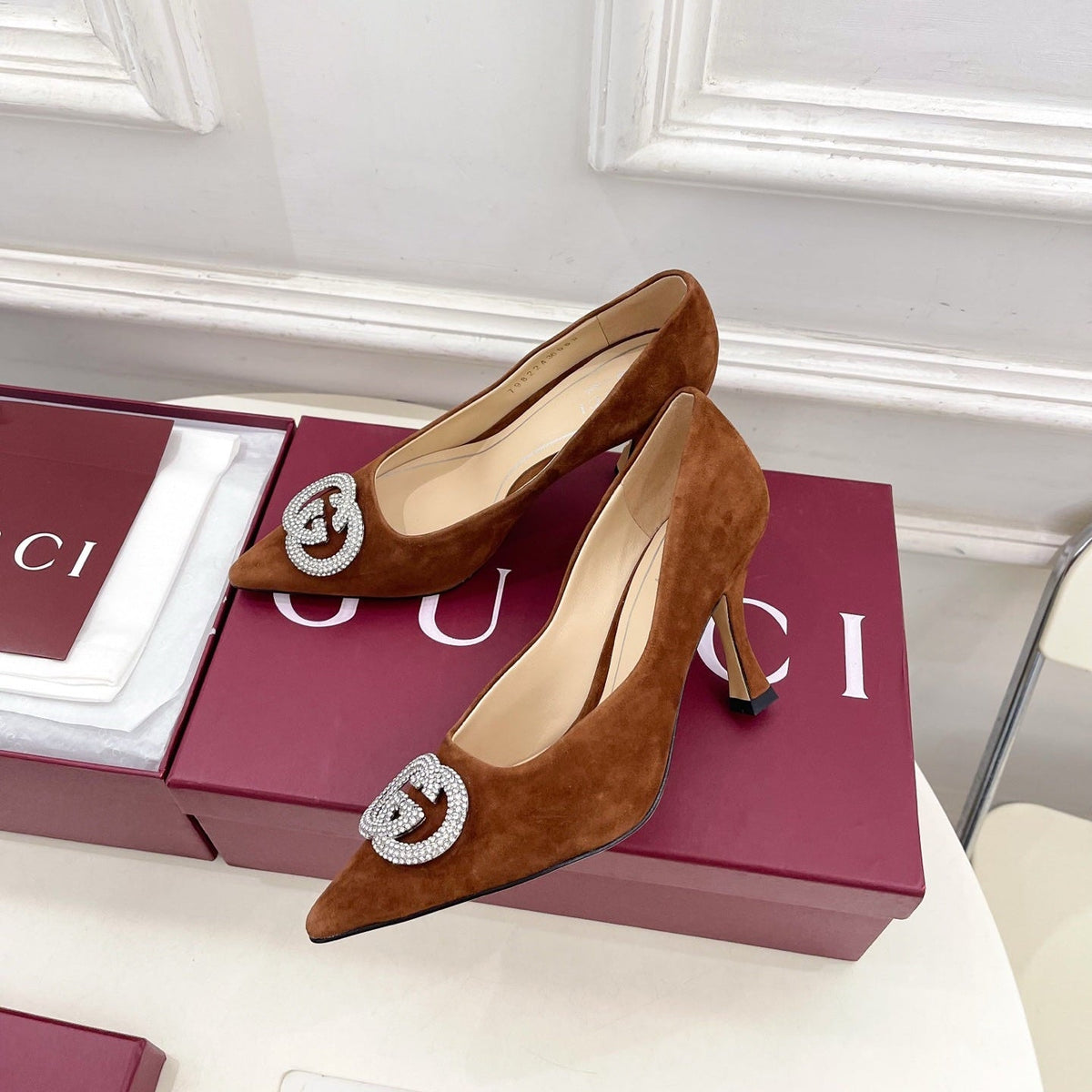 GG 26 High-Heeled 85 Pumps Camel Brown Suede 587076