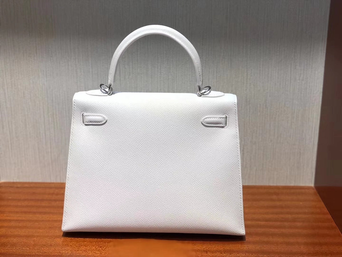 HM KELLY 25CM PURE WHITE EPSOM LEATHER SILVER HARDWARE