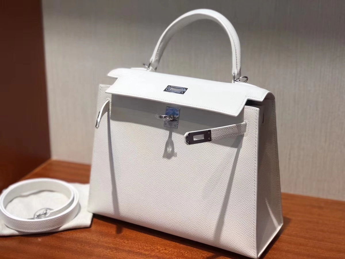 HM KELLY 25CM PURE WHITE EPSOM LEATHER SILVER HARDWARE