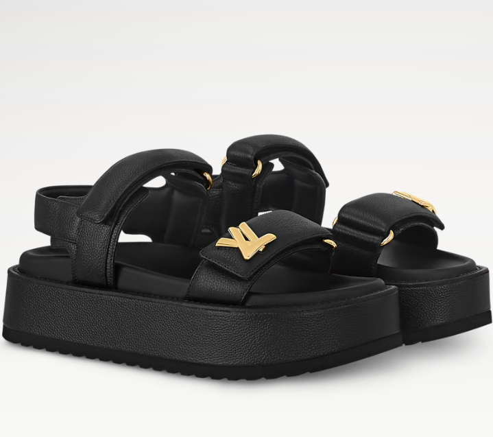 LV Sunset Platform Comfort Sandals Black Gold Grained Calfskin