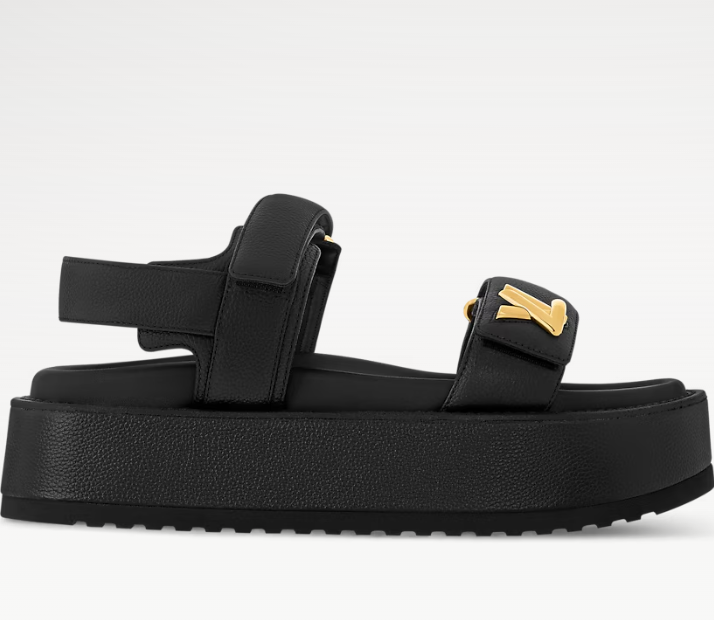 LV Sunset Platform Comfort Sandals Black Gold Grained Calfskin