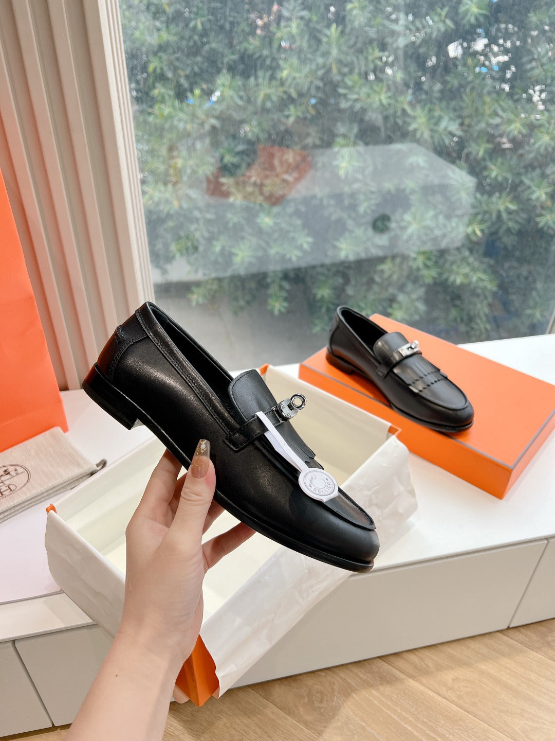 Destin Loafer Black Goatskin with Fringe Detail