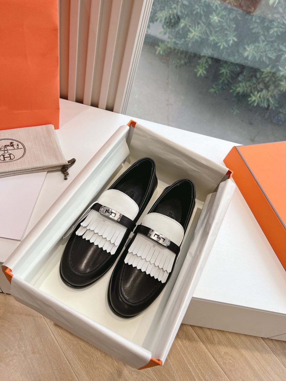 Destin Loafer Black Goatskin with White Fringe Detail