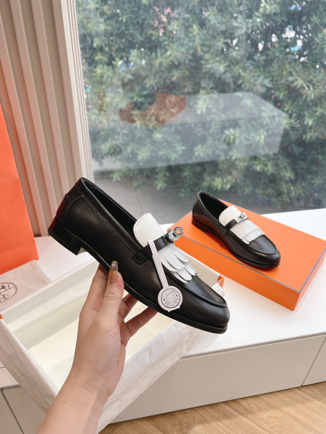 Destin Loafer Black Goatskin with White Fringe Detail