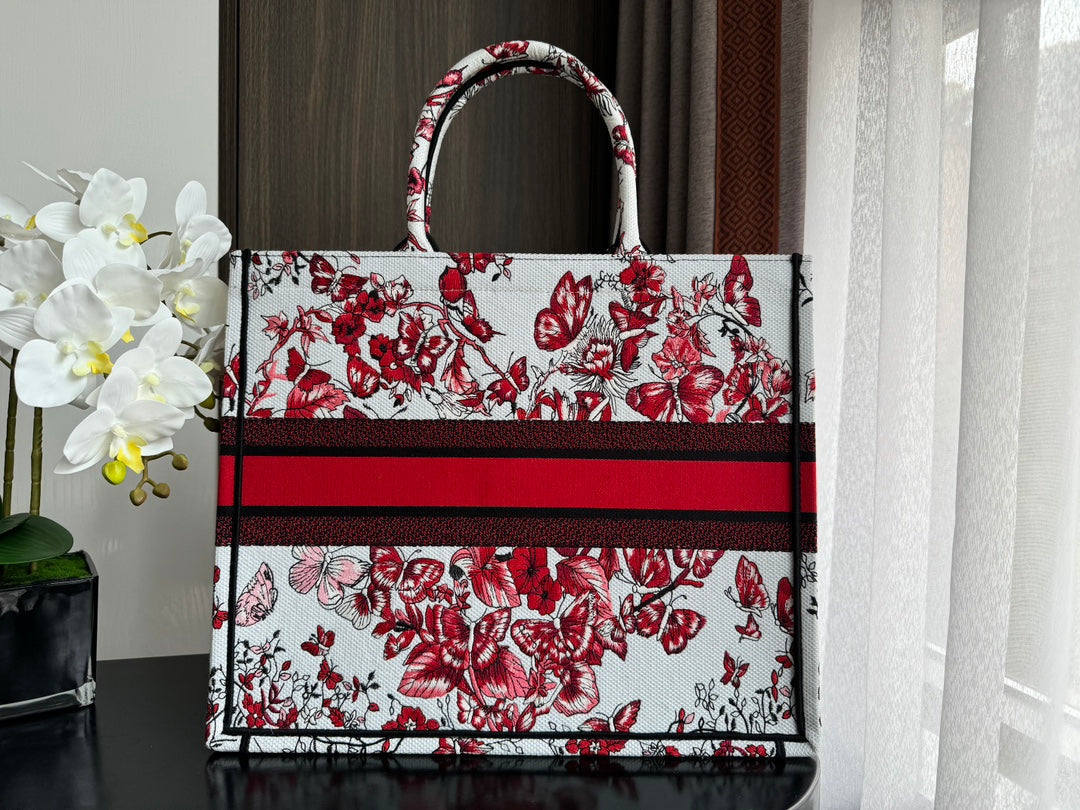 Large CD Book Tote 42cm White and Red Heart Butterfly Embroidery