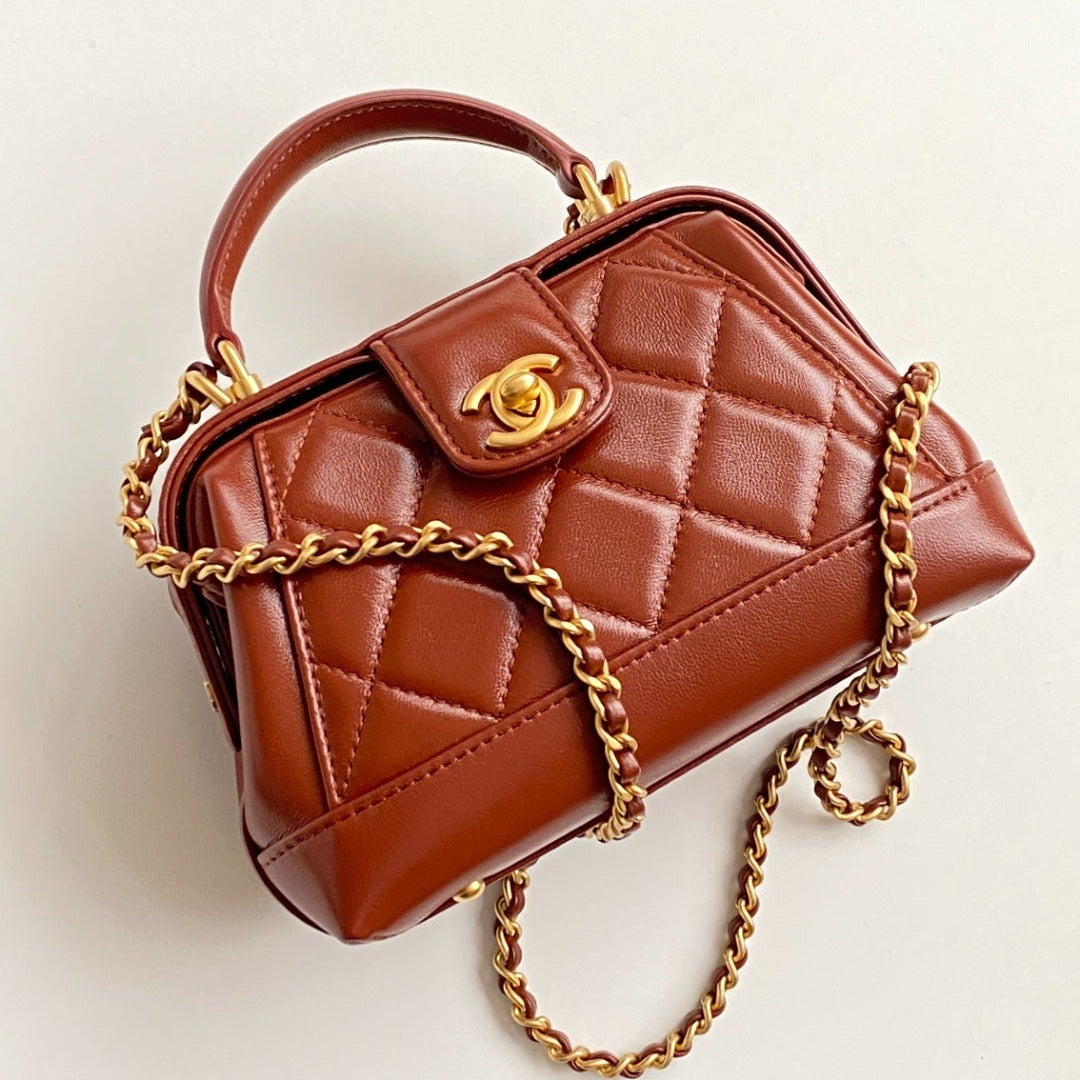 CC  Mini Top Handle 18cm Red Leather Gold Hardware