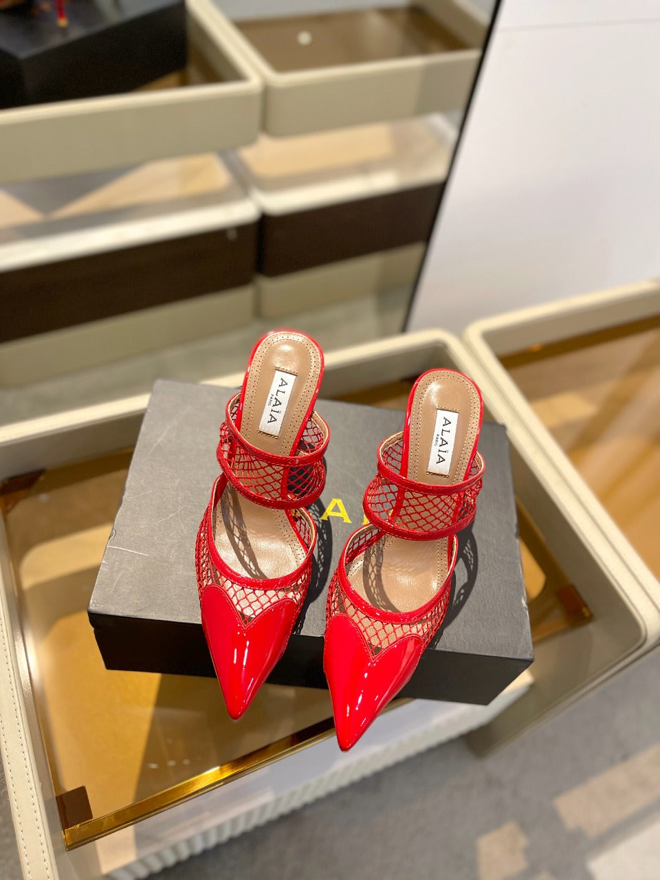 alaia mule 85 fishnet red heart lambskin