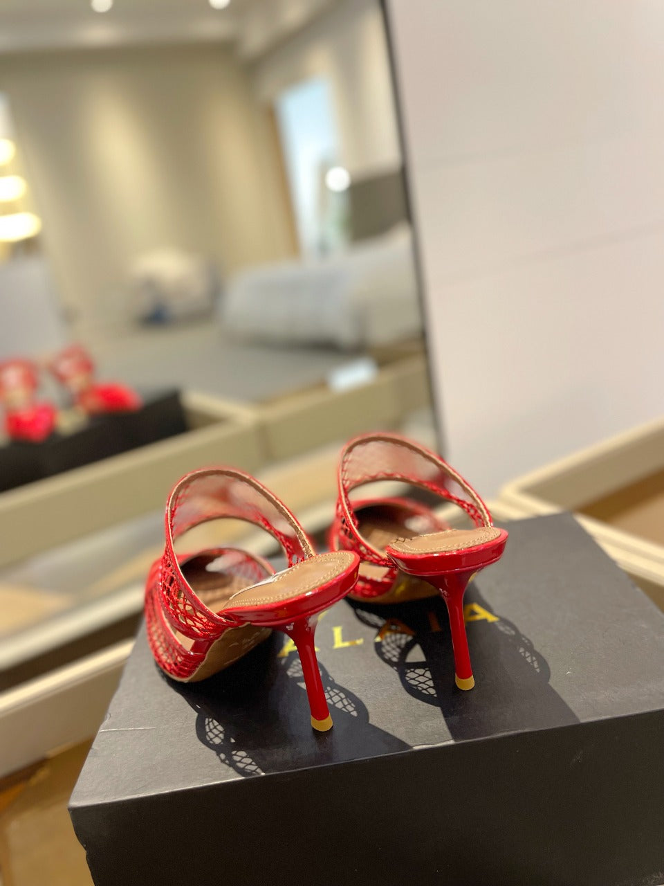 alaia mule 85 fishnet red heart lambskin