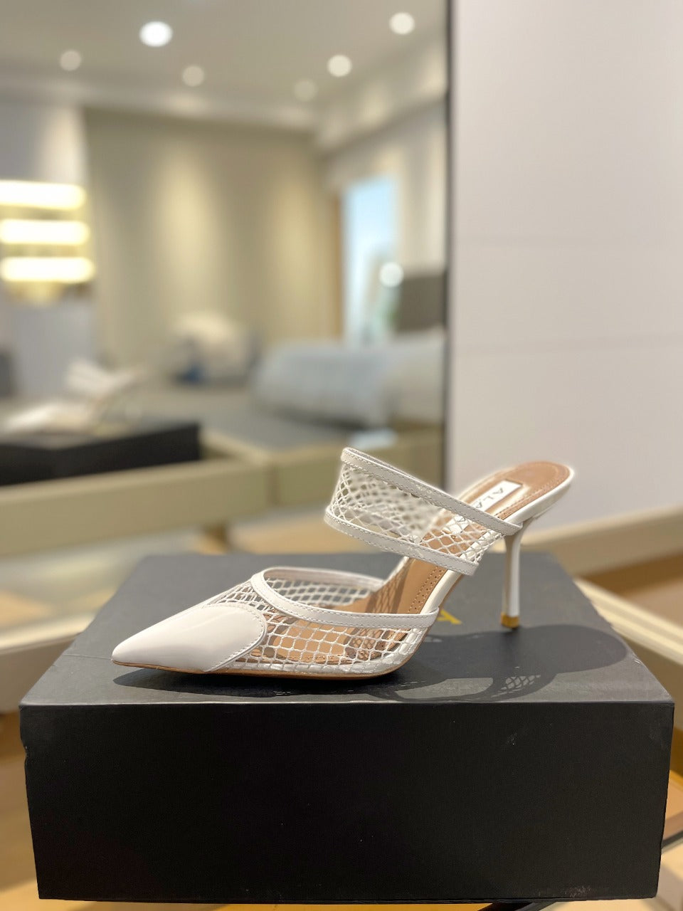 alaia mule 85 fishnet white heart lambskin