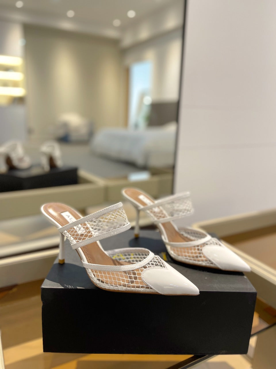 alaia mule 85 fishnet white heart lambskin