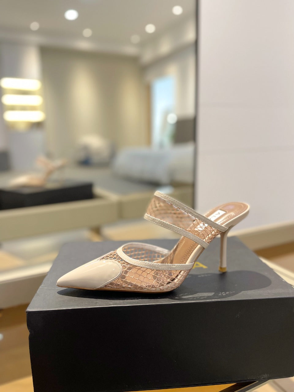 alaia mule 85 fishnet cream heart lambskin