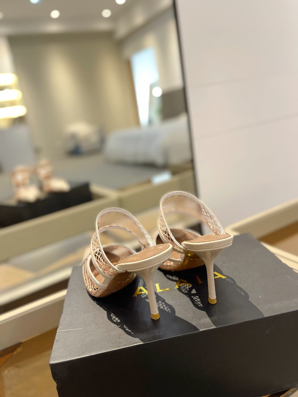 alaia mule 85 fishnet cream heart lambskin