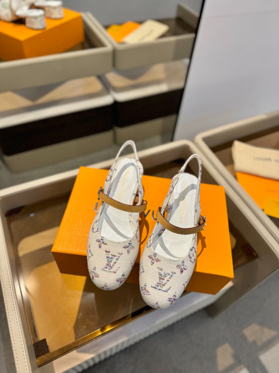 LV Romy Slingback Pump White Monogram Denim Fabric