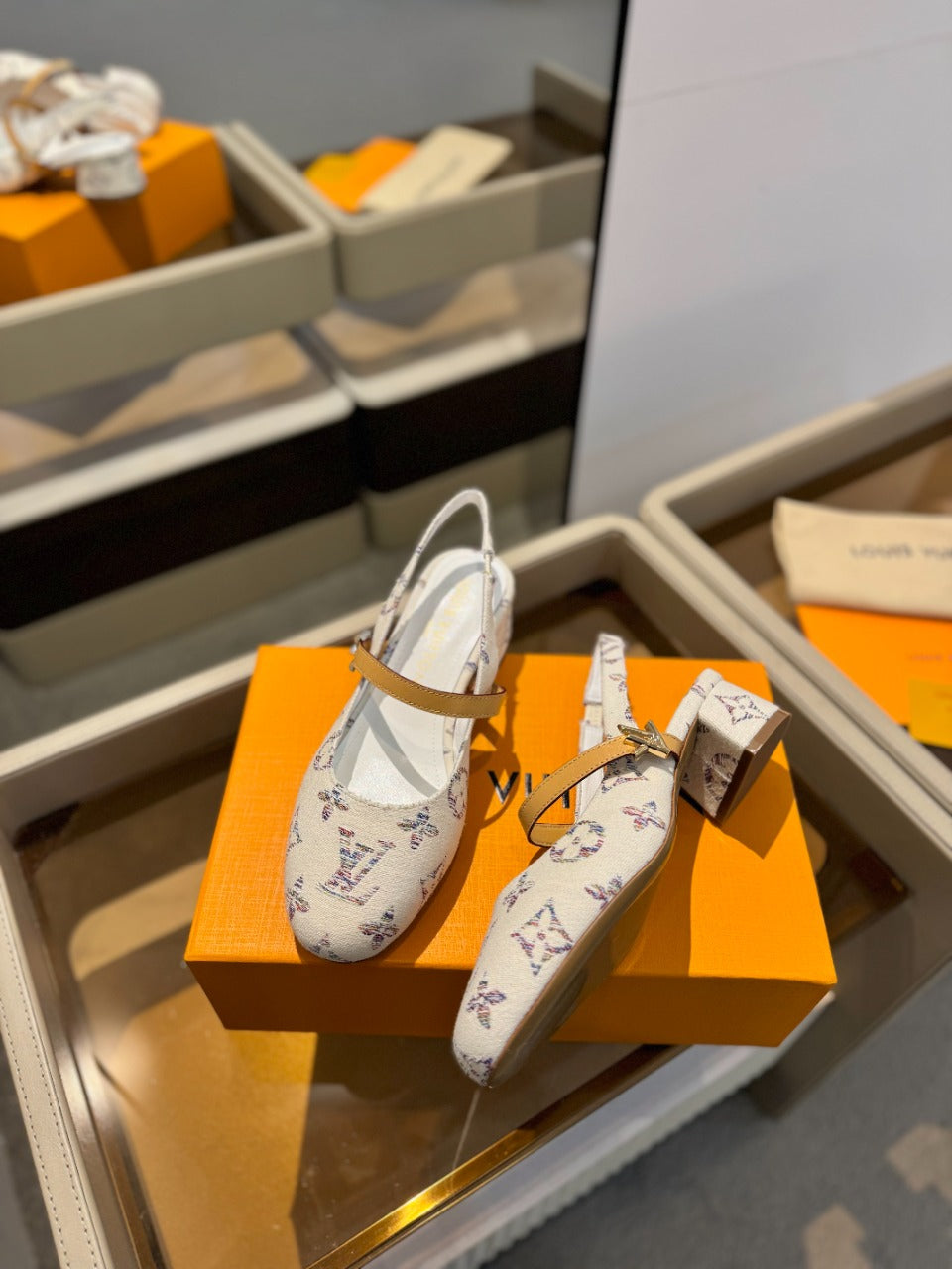 LV Romy Slingback Pump White Monogram Denim Fabric