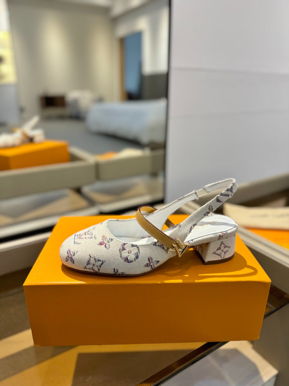 LV Romy Slingback Pump White Monogram Denim Fabric
