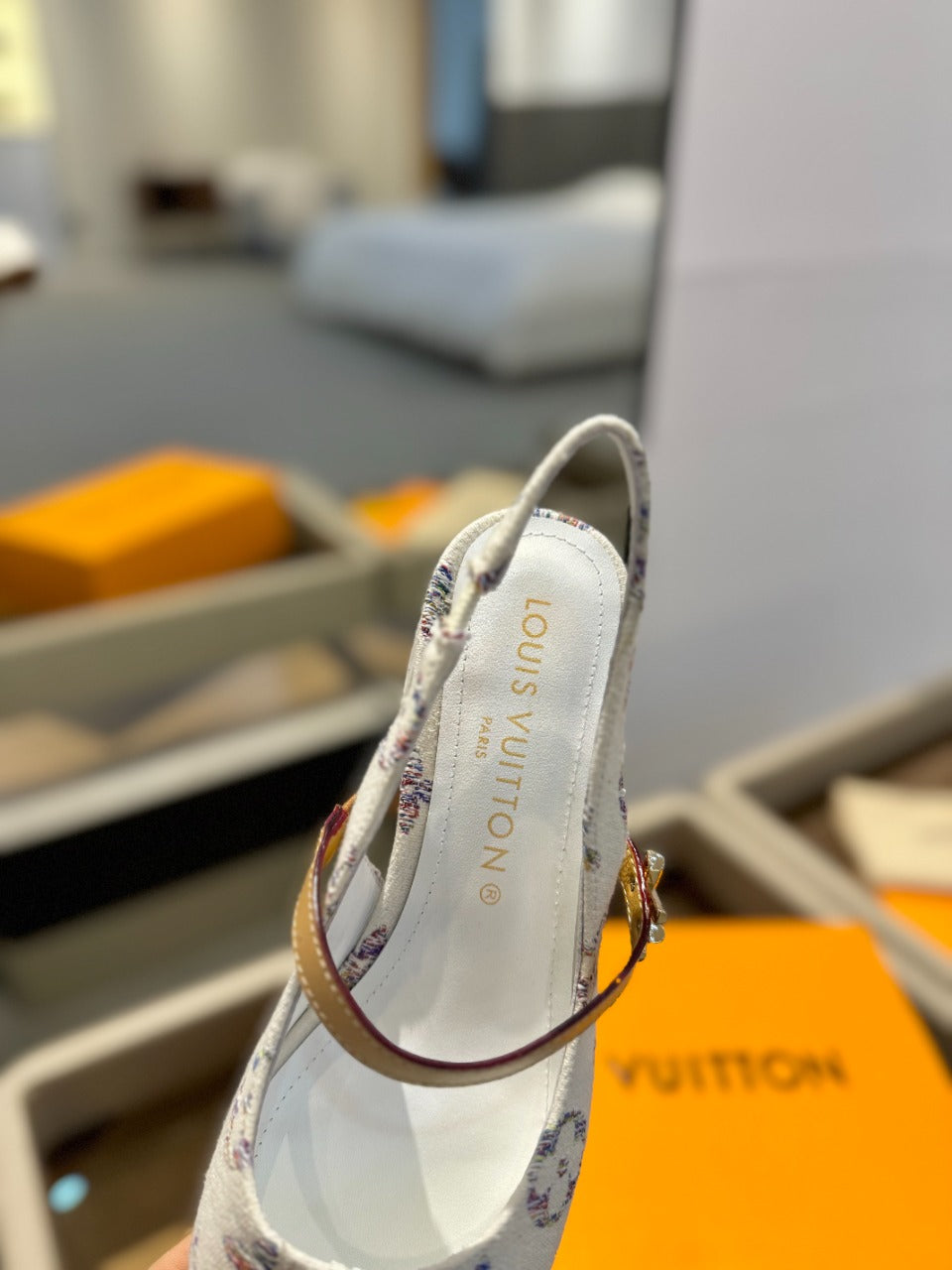 LV Romy Slingback Pump White Monogram Denim Fabric