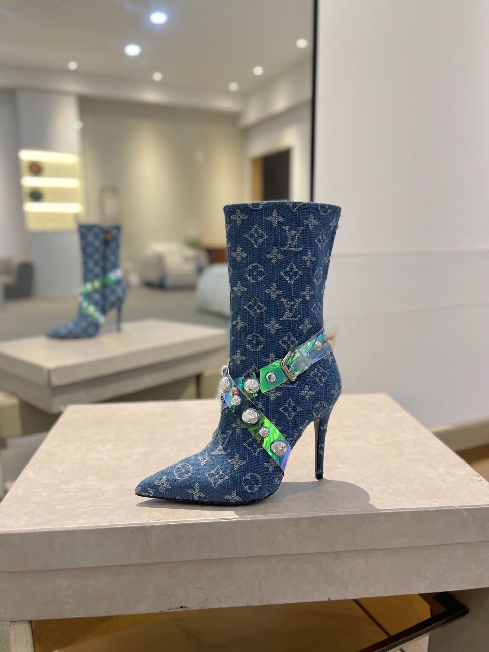 LV Ankle Boots 100mm Blue Monogram Jacquard Fabric