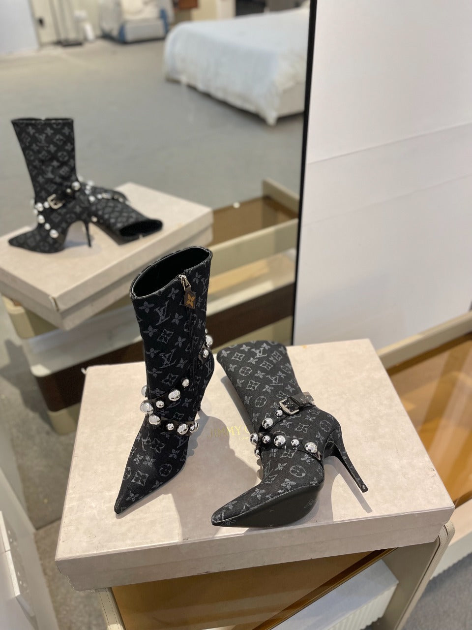 LV Ankle Boots 100mm Black Monogram Jacquard Fabric
