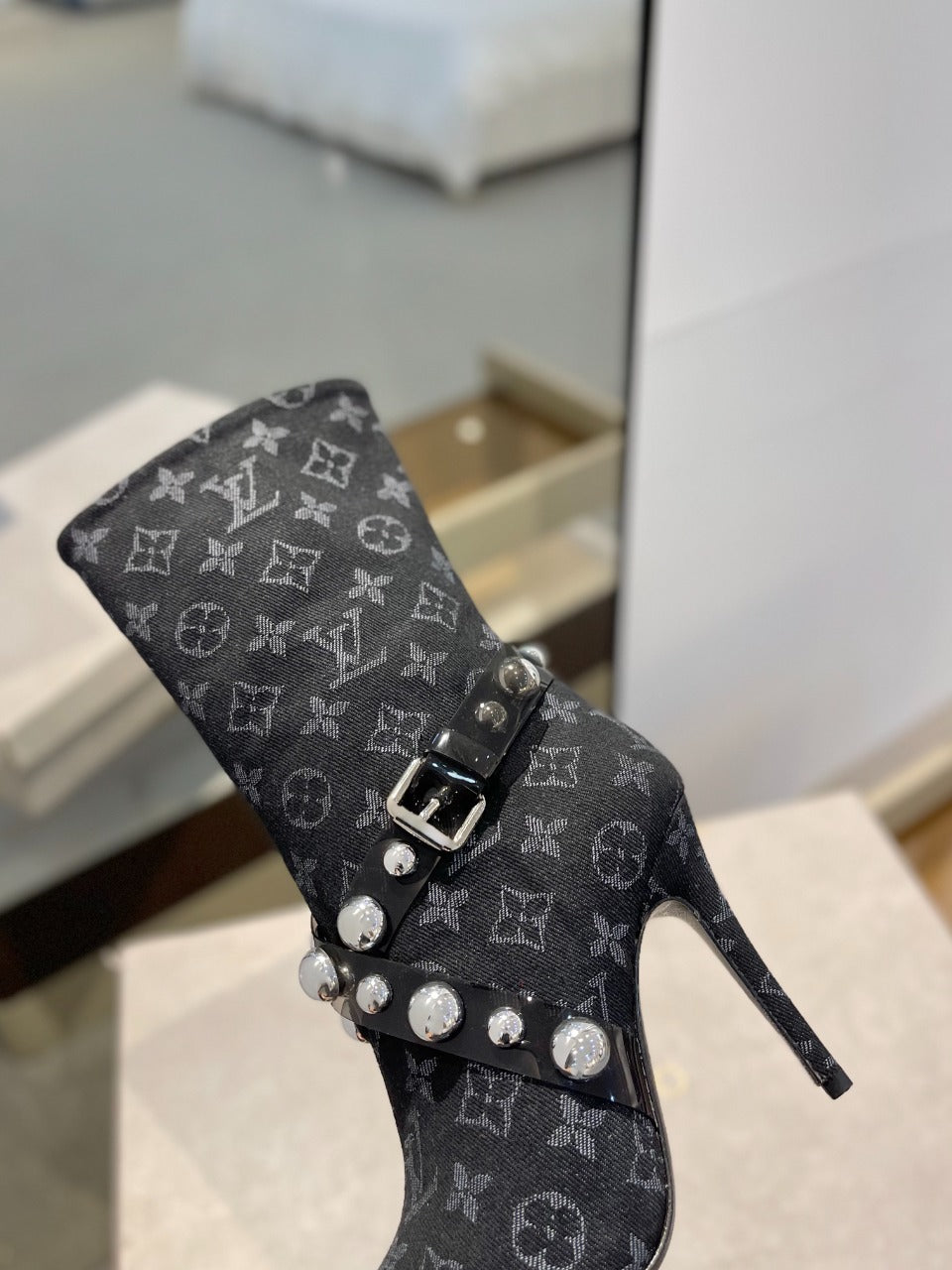 LV Ankle Boots 100mm Black Monogram Jacquard Fabric