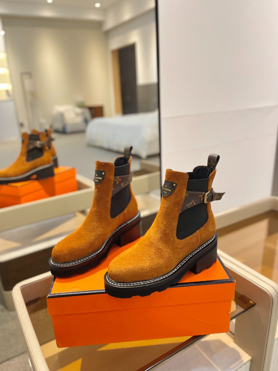 LV Beaubourg Ankle Boot 100mm Orange Yellow Suede