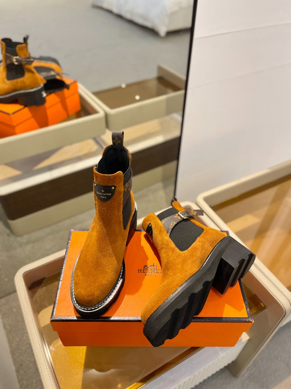 LV Beaubourg Ankle Boot 100mm Orange Yellow Suede