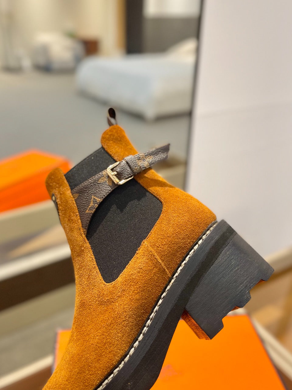 LV Beaubourg Ankle Boot 100mm Orange Yellow Suede