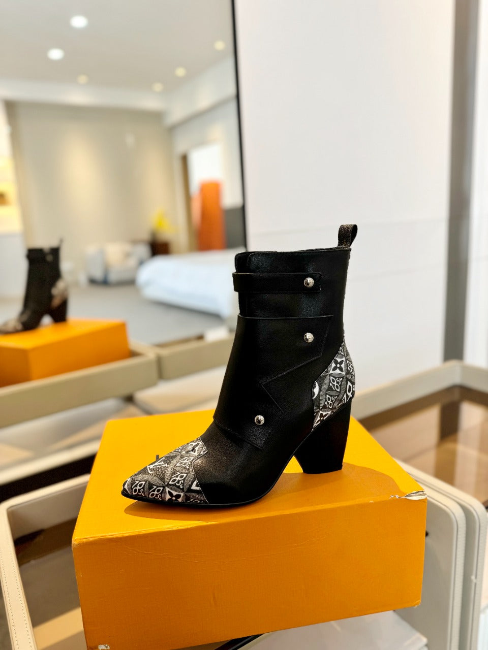 LV Trinity Ankle Boot 75mm Black Mix White Monogram Calfskin