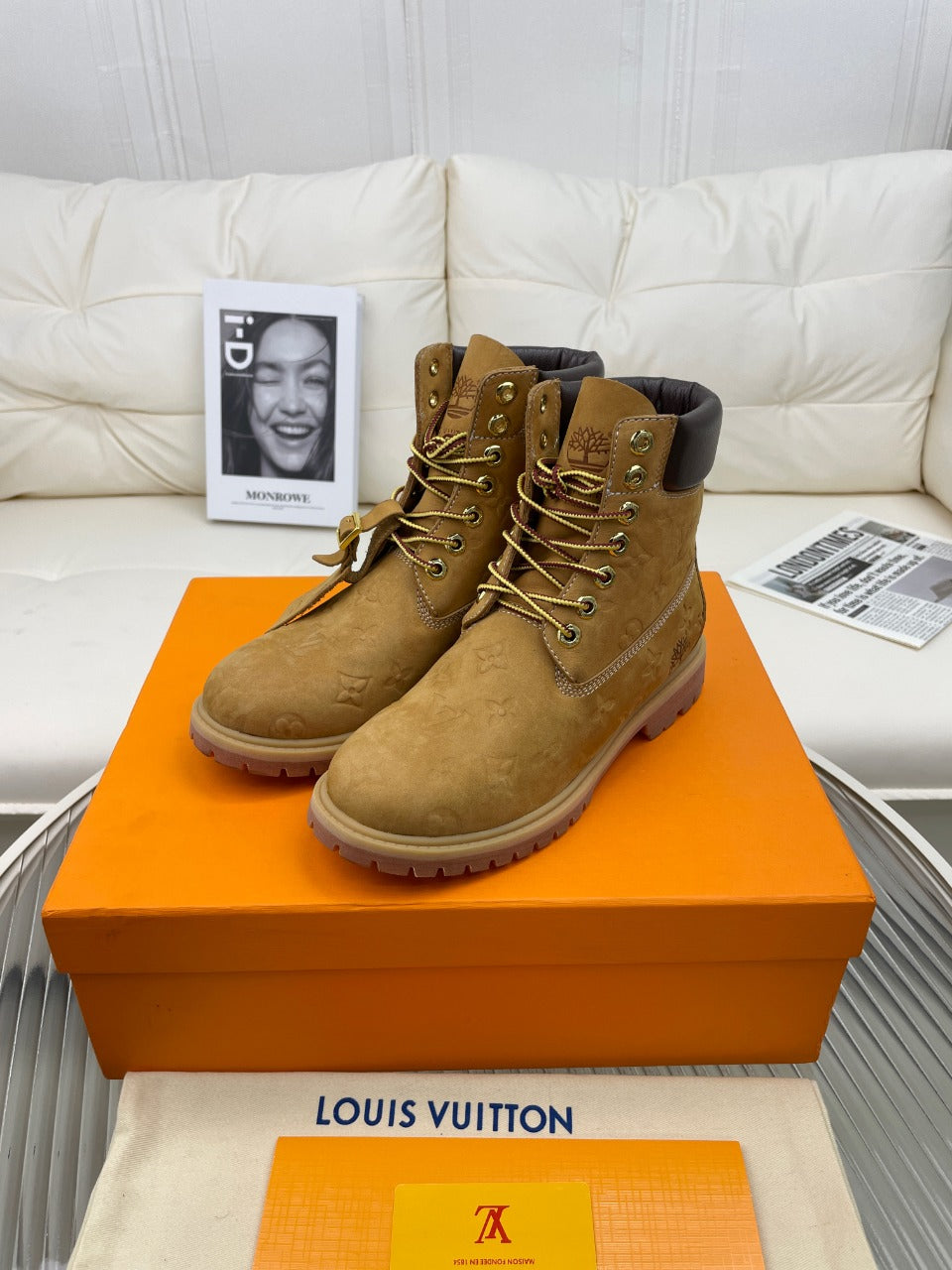 LV x Timberland Ankle Boot 50mm Brown Yellow Monogram Nubuck Leather