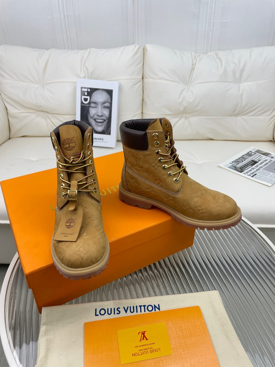 LV x Timberland 6-In Ankle Boot 50mm Brown Yellow Monogram Nubuck Leather